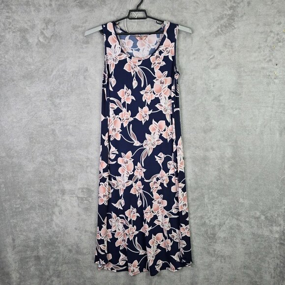 Womens SJS Floral Navy & Pink Sleeveless Midi Dress Polyester Stretch Size L - Picture 2 of 8